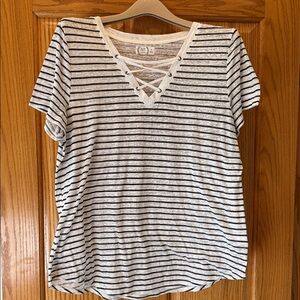 Striped V-Neck Tee with Crisscross Detail